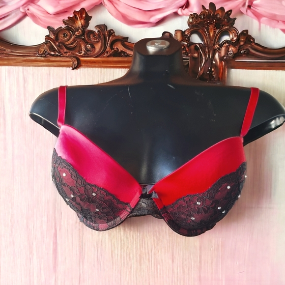 3/$40 Gilligan & Omalley Push-up Padded Bra 34D Red Black Lace Rhinestones ♥️ - Picture 1 of 7